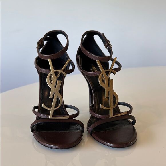 Saint Laurent Cassandra Dark Brown Leather Strap YSL Logo Heels Size EU 37 US 7 - Picture 1 of 11
